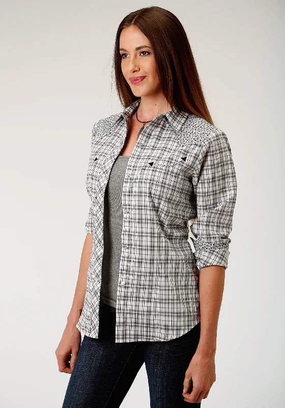 WOMENS BLACK GREY AND CREAM PLAID LONG SLEEVE SNAP WESTERN SHIRT Trendy Print Short Sleeve