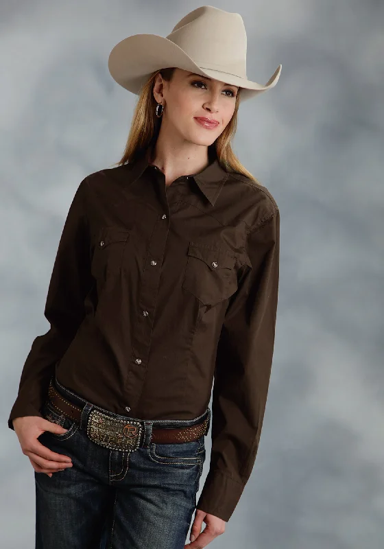 WOMENS BROWN SOLID LONG SLEEVE WESTERN SNAP SHIRT Comfortable Loose Short Sleeve