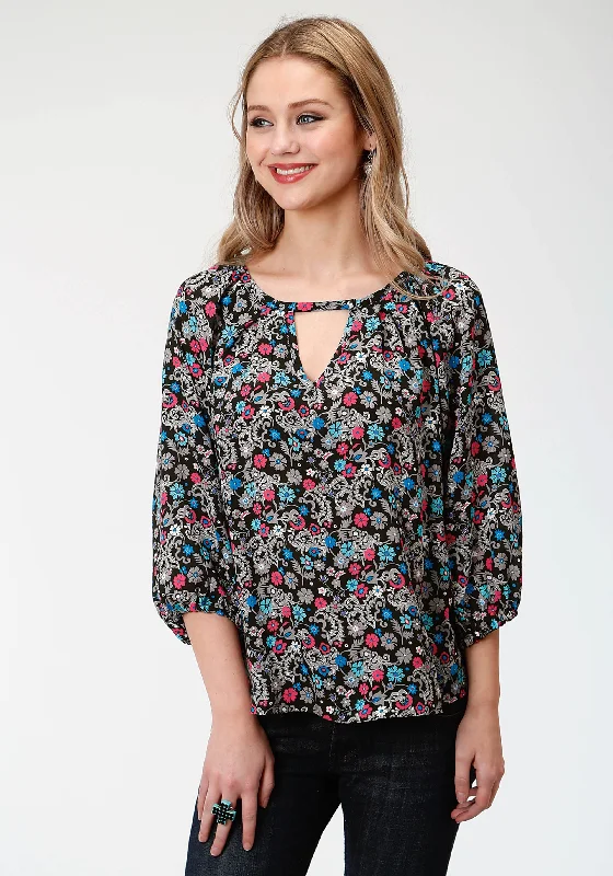 WOMENS BLACK FLOWER PRINT LONG SLEEVE WESTERN SHIRT Elegant Draped Short Sleeve