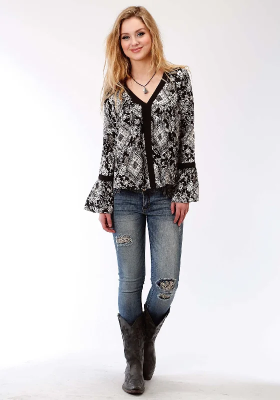 WOMENS BLACK AND WHITE DIAMOND FLORAL PRINT LONG SLEEVE WESTERN SHIRT Cozy Loose Fit Short Sleeve