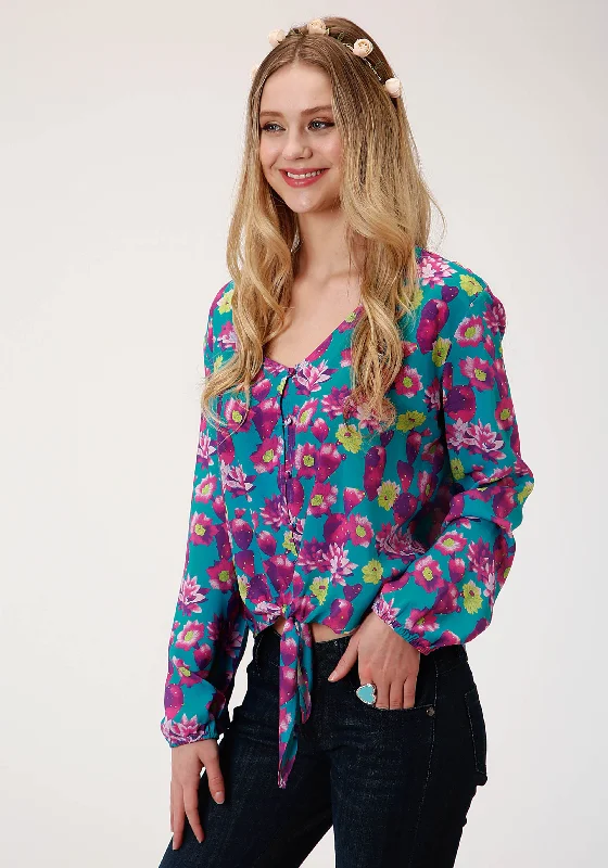 WOMENS BLUE PINK AND GREEN CACTUS PRINT LONG SLEEVE WESTERN SHIRT Cozy Printed Short Shirt