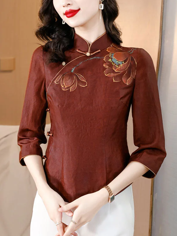 2024 Lotus Print Cheongsam Blouse Shirt Elegant Off-Shoulder Short Shirt