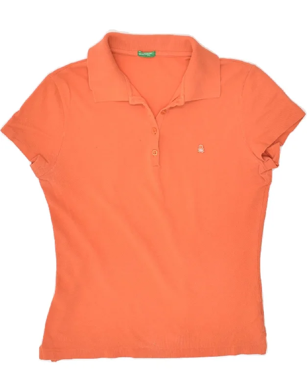 BENETTON Womens Polo Shirt UK 12 Medium Orange Cotton Comfortable Ribbed Short Sleeve