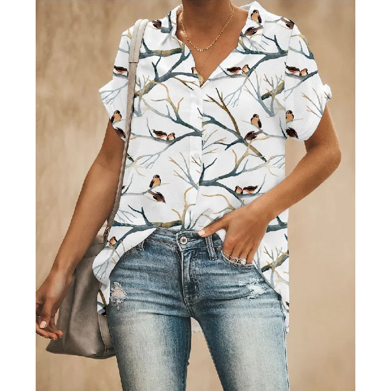 Bird Standing on Branch Women Button Up Shirt Classic Solid Short Shirt