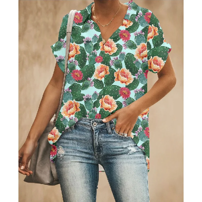 Blooming Cactus Women Button Up Shirt Trendy Print Short Sleeve