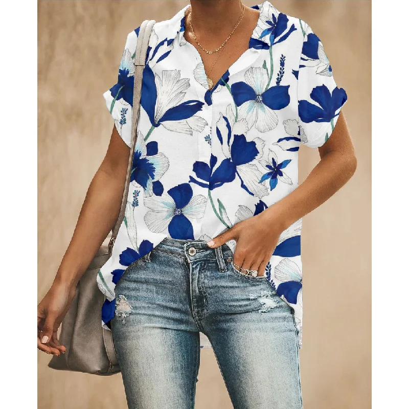 Blue Flowers Women Button Up Shirt Modern Short Sleeve Top