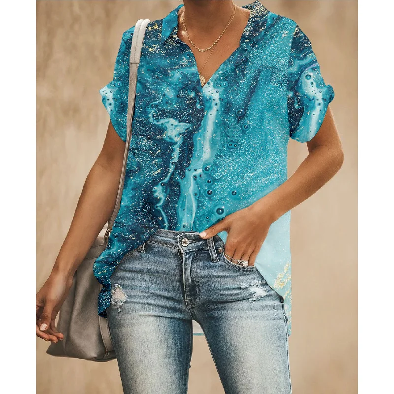 Blue Silver Beach Women Button Up Shirt Chic Embellished Short Sleeve