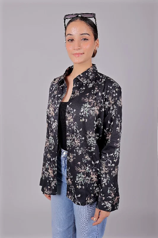 Bluebird Women's Black Floral Print Satin Shirt Cozy Summer Short Shirt