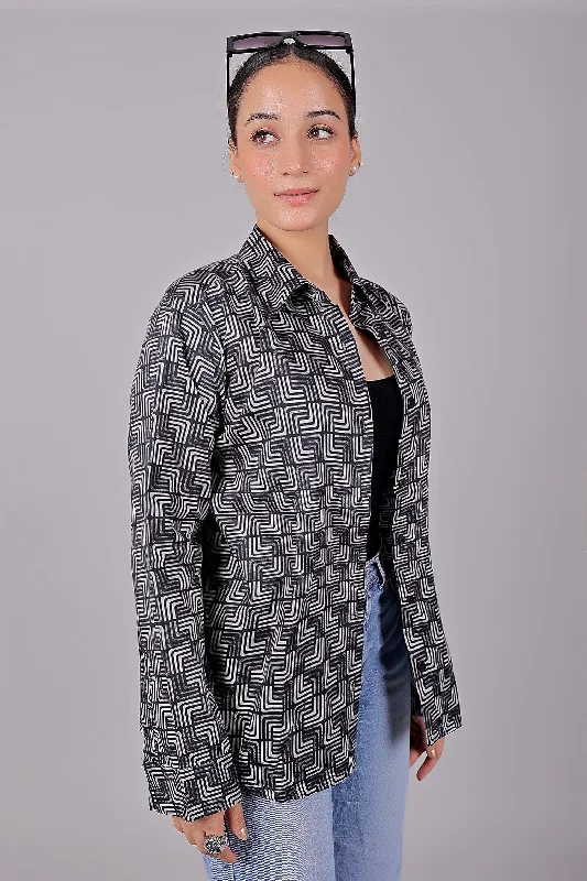 Bluebird Women's Black Printed Satin Shirt Cozy Printed Short Shirt