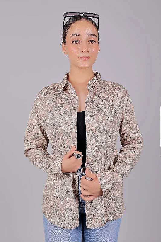 Bluebird Women's Brown Printed Satin Shirt Fashionable Pleated Short Shirt