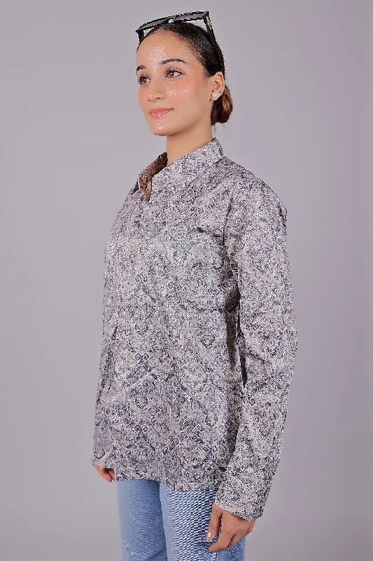 Bluebird Women's Grey Printed Satin Shirt Fashionable Rounded Short Shirt