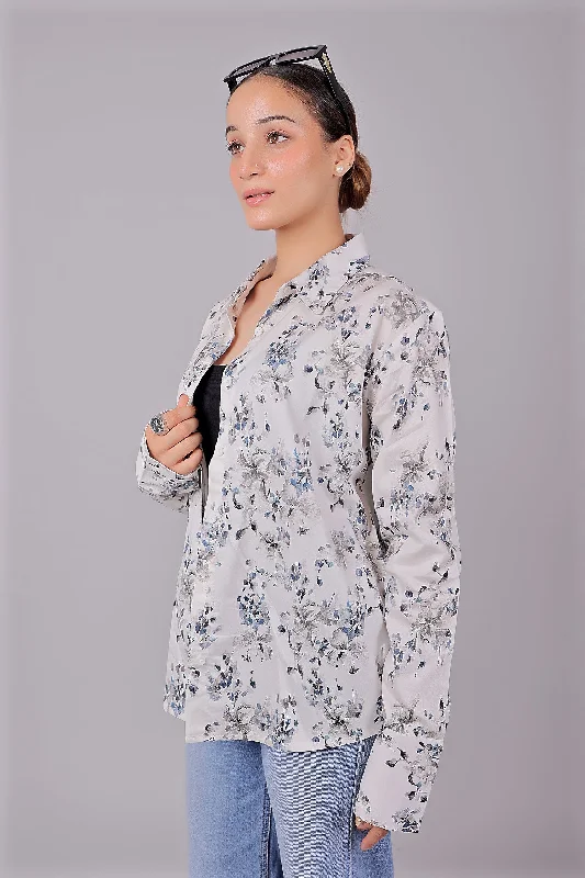 Bluebird Women's White Floral Print Satin Shirt Fashionable Short Sleeve Vest