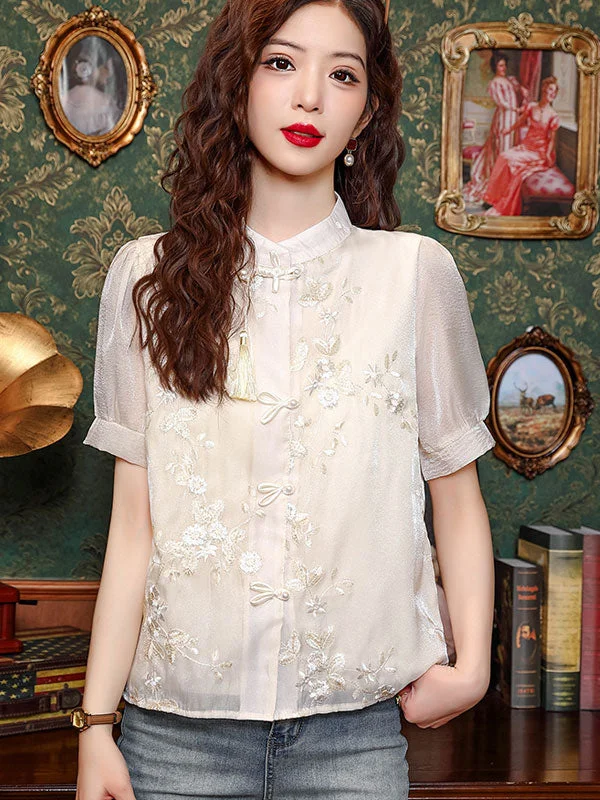 ChampagneEmbroidered Floral Blouse Shirt Stylish Short Sleeve Polo