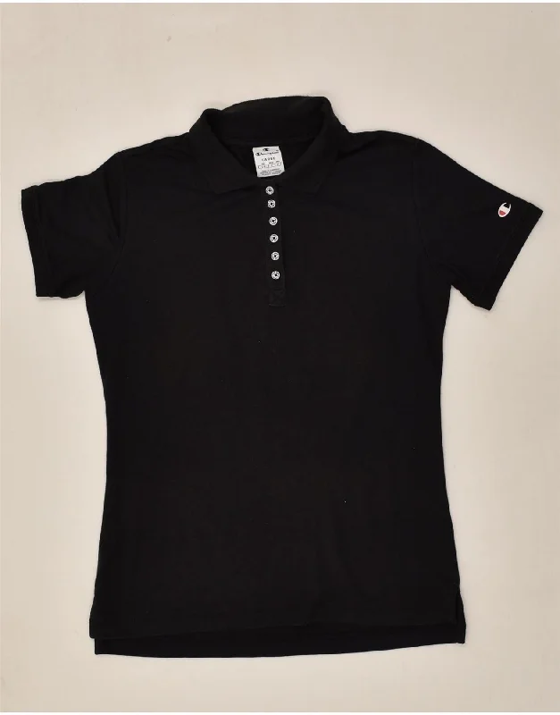 CHAMPION Womens Polo Shirt UK 14 Large Black Trendy Turtleneck Short Shirt