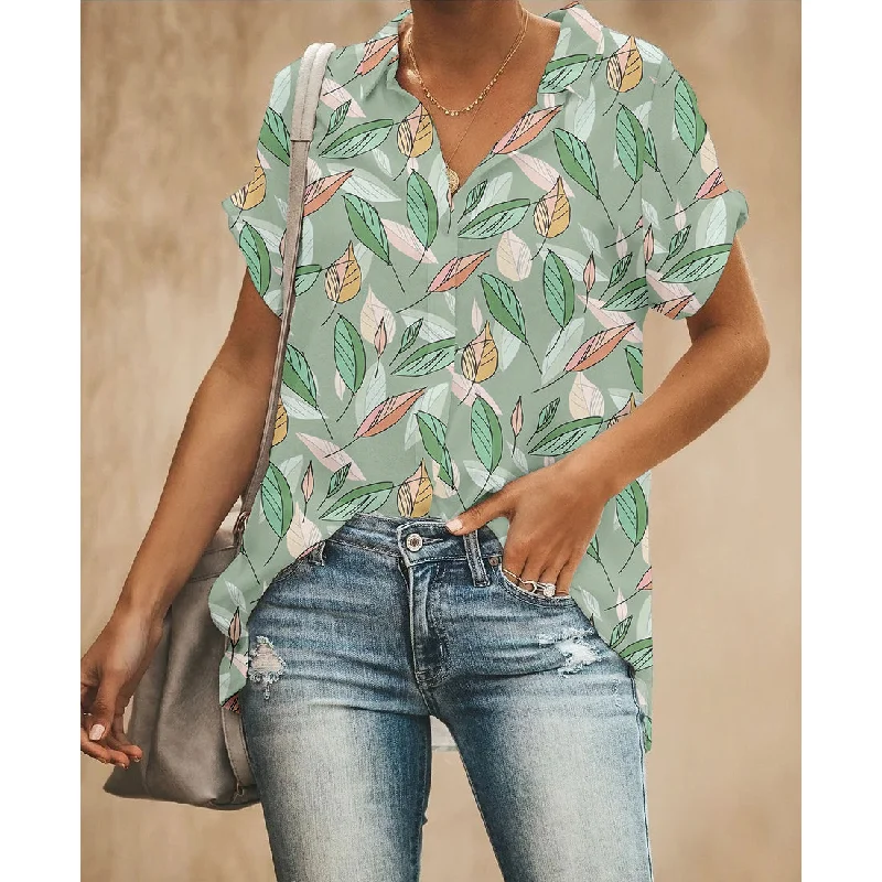 Colorful Leaf Women Button Up Shirt Cozy Plain Short Sleeve