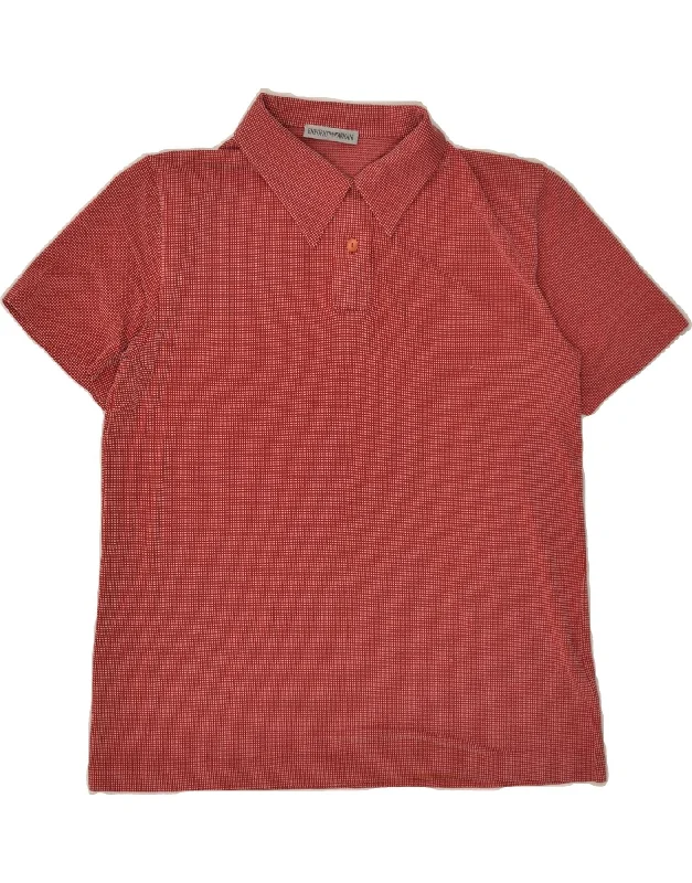 EMPORIO ARMANI Womens Polo Shirt UK 12 Medium Red Check Viscose Comfortable Pocket Short Shirt