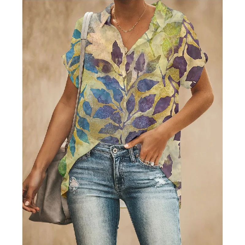 Fallen Leaf Women Button Up Shirt Elegant Draped Short Sleeve