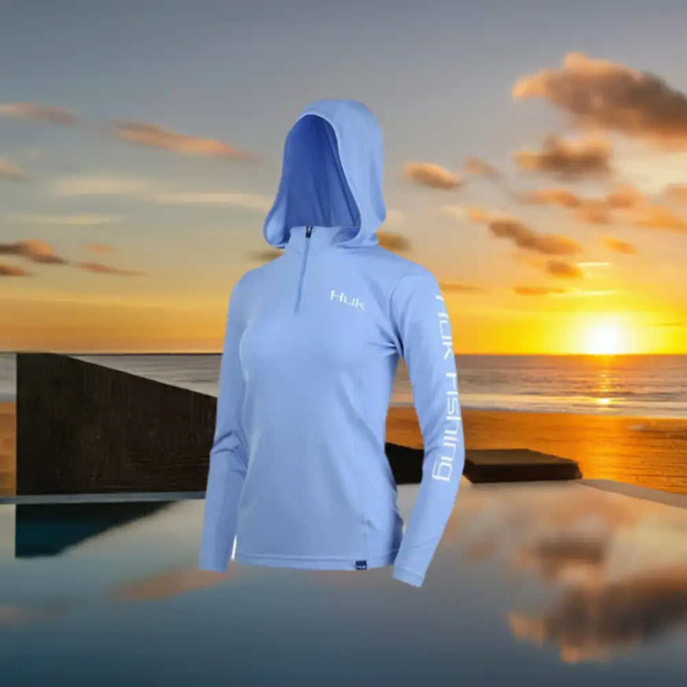 Hooded 1/4 Zip Fishing Shirt - Light Blue Soft Cotton Short Shirt