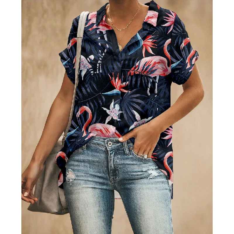 Flamingo Blue Women Button Up Shirt Comfortable Fitted Short Sleeve