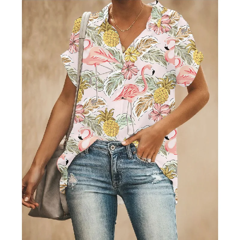 Flamingo Pineapple Women Button Up Shirt Cozy Printed Short Shirt