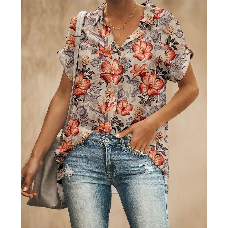 Floral Brown Women Button Up Shirt Casual Cotton Short Shirt