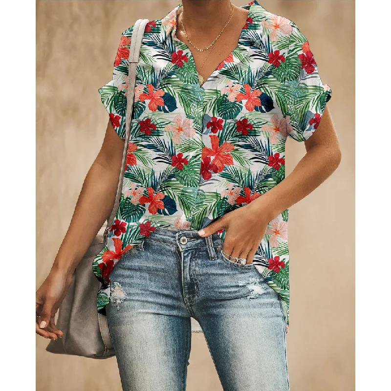 Floral Leaf Women Button Up Shirt Casual Ruffle Short Shirt