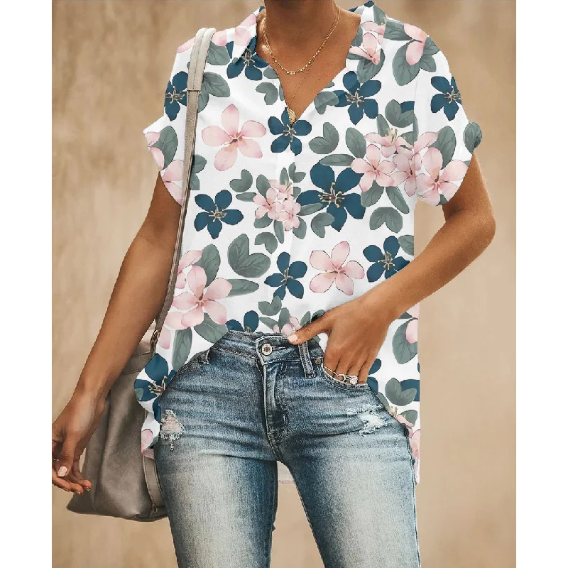 Floral Leaf Women Button Up Shirt Casual Slouchy Short Sleeve