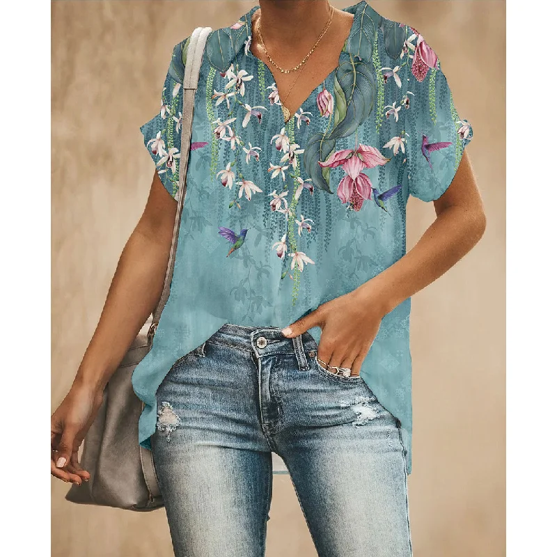 Floral Wicker Women Button Up Shirt Casual Short Sleeve Top