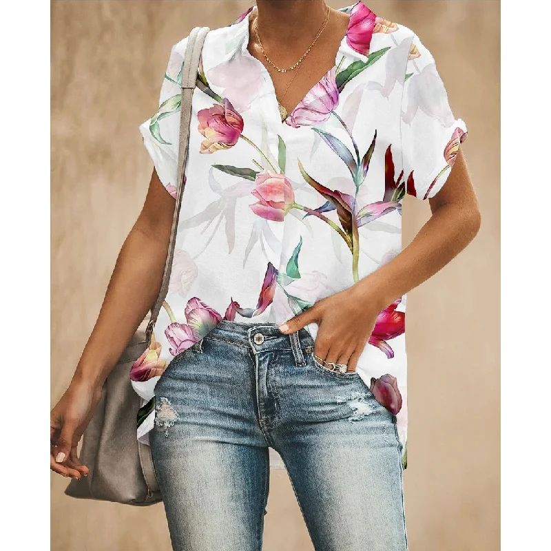 Floral Women Button Up Shirt Classic Short Sleeve Blouse