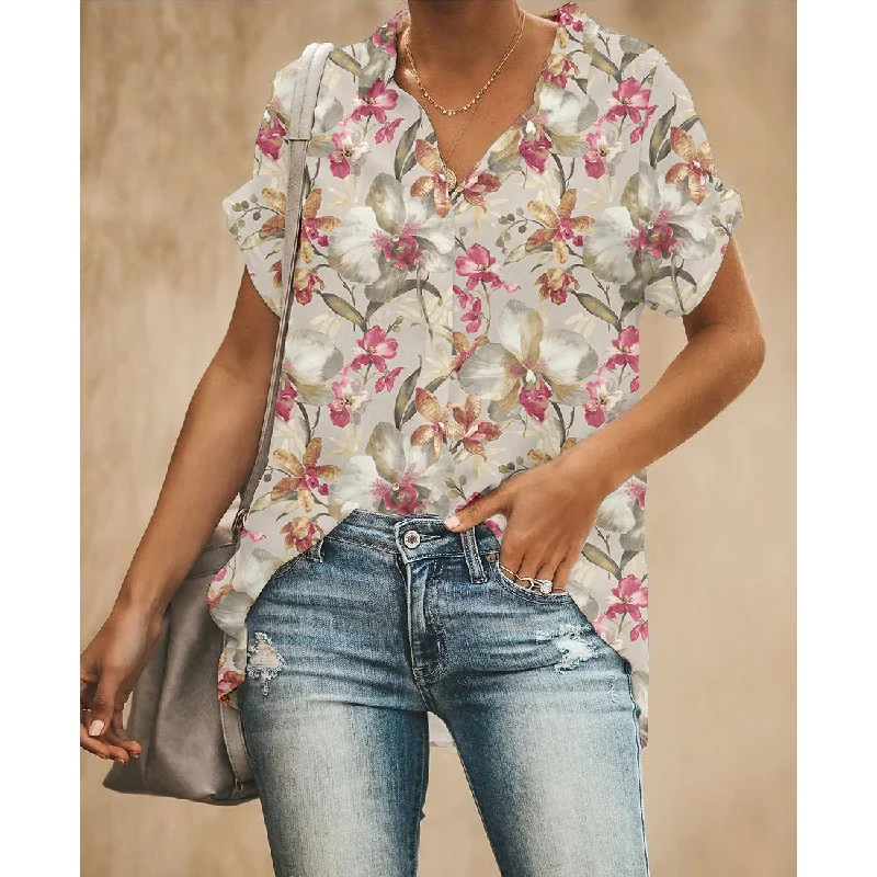 Floral Women Button Up Shirt Classic Cropped Short Sleeve