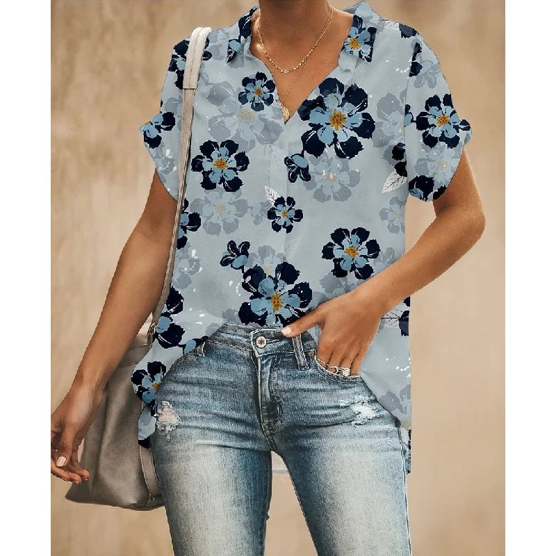 Flowers Blue Women Button Up Shirt Stylish Short Sleeve Top