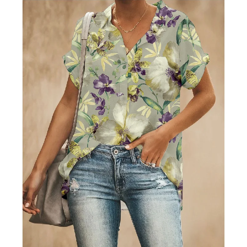 Golden Flowers Women Button Up Shirt Comfortable Pocket Short Shirt