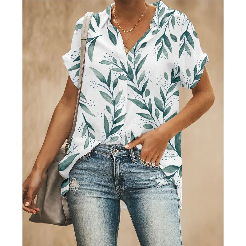 Green Branch Leaf Women Button Up Shirt Casual Button-Down Short Shirt