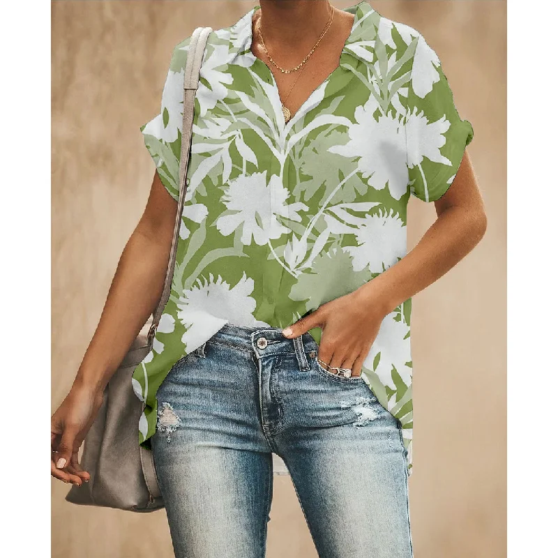 Green Leaf Women Button Up Shirt Comfortable Stretch Short Shirt