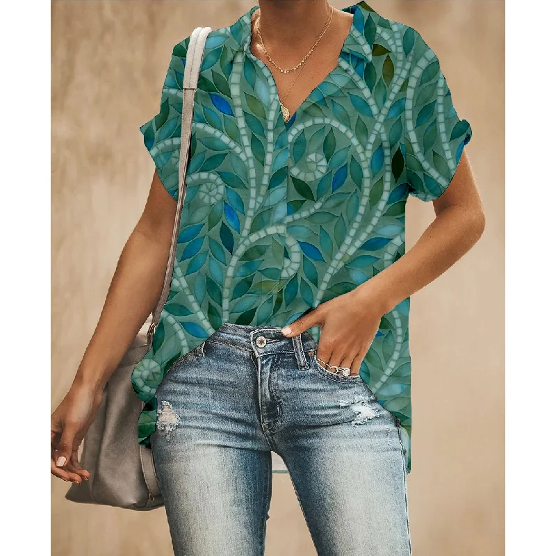 Green Leaf Women Button Up Shirt Elegant Silk Short Shirt