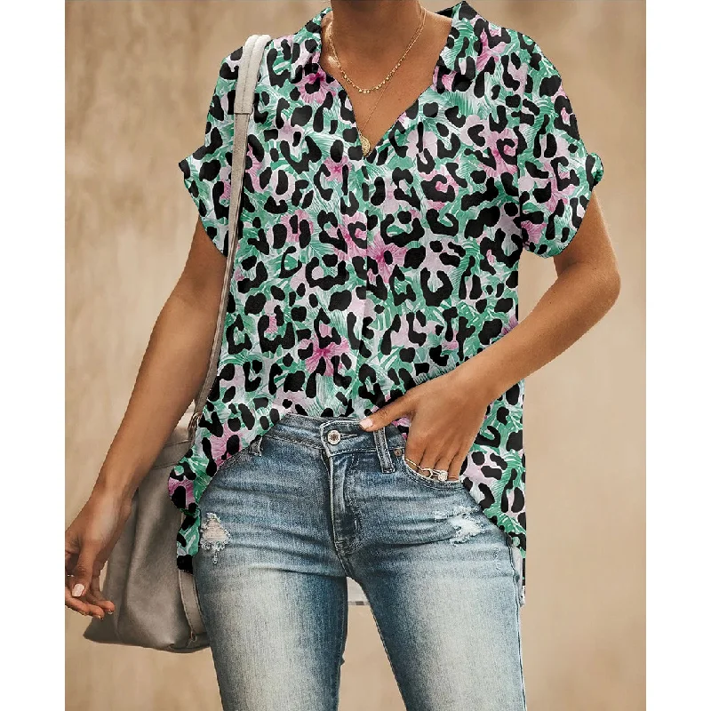 Green Leopard Women Button Up Shirt Stylish Casual Short Tee