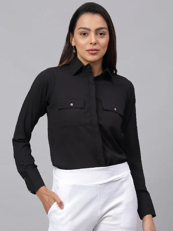 Jainish Women's Black Solid Shirt - Black Casual Plain Short Shirt