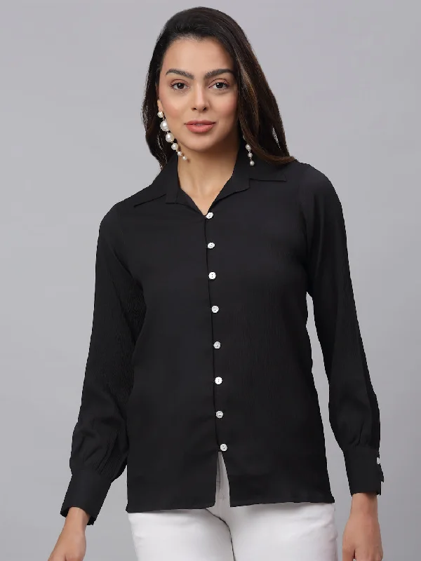 Jainish Women's Black Solid Shirt - Black Elegant High-Low Short Shirt