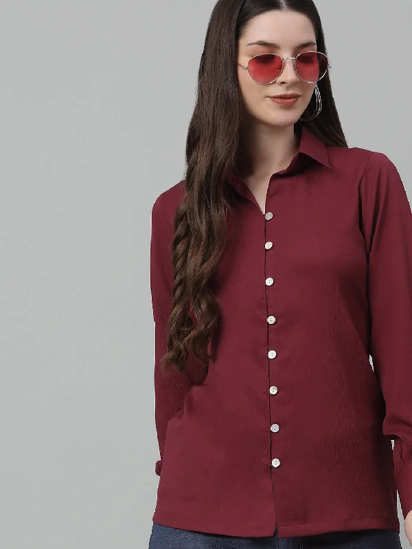 Jainish Women's Maroon Solid Casual Shirt Chic Button-Up Short Shirt