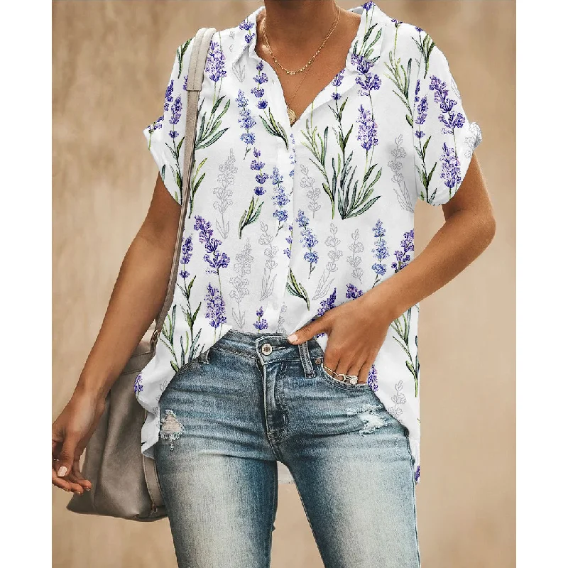 Lavender Flower Women Button Up Shirt Stylish Short Sleeve Polo