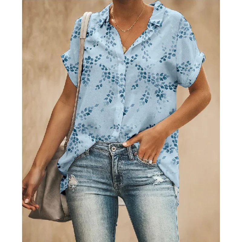 Leaf Branch Blue Women Button Up Shirt Fashionable Draped Short Sleeve