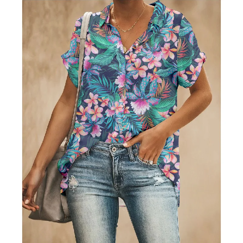 Leaf Floral Women Button Up Shirt Trendy Turtleneck Short Shirt