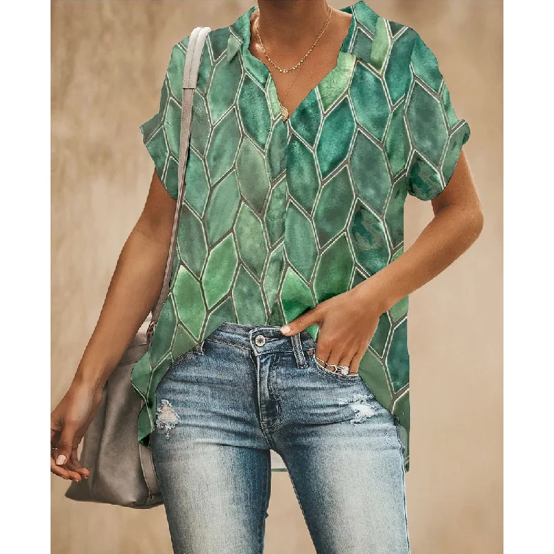 Leaf Green Women Button Up Shirt Comfortable Loose Short Sleeve