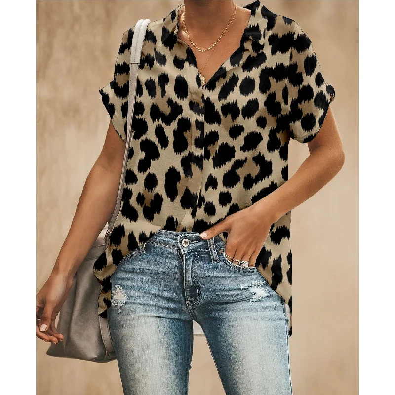 Leopard Print Women Button Up Shirt Soft Flowing Short Shirt