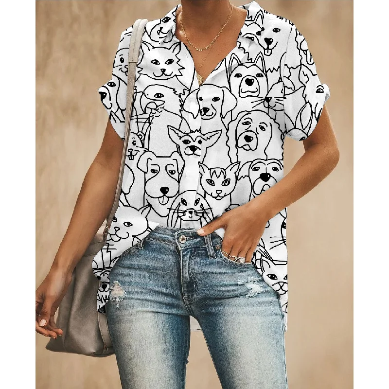 Painting Puppy Women Button Up Shirt Cozy Plain Short Sleeve