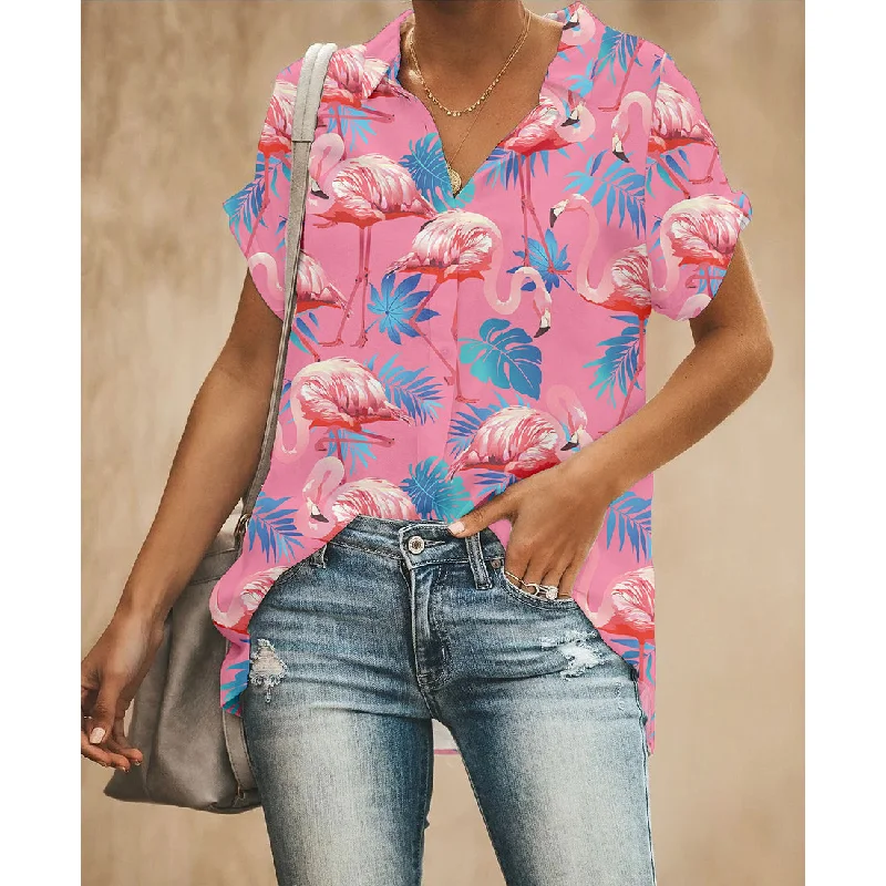 Palm Leaf Flamingo Pink Women Button Up Shirt Stylish Short Sleeve Polo