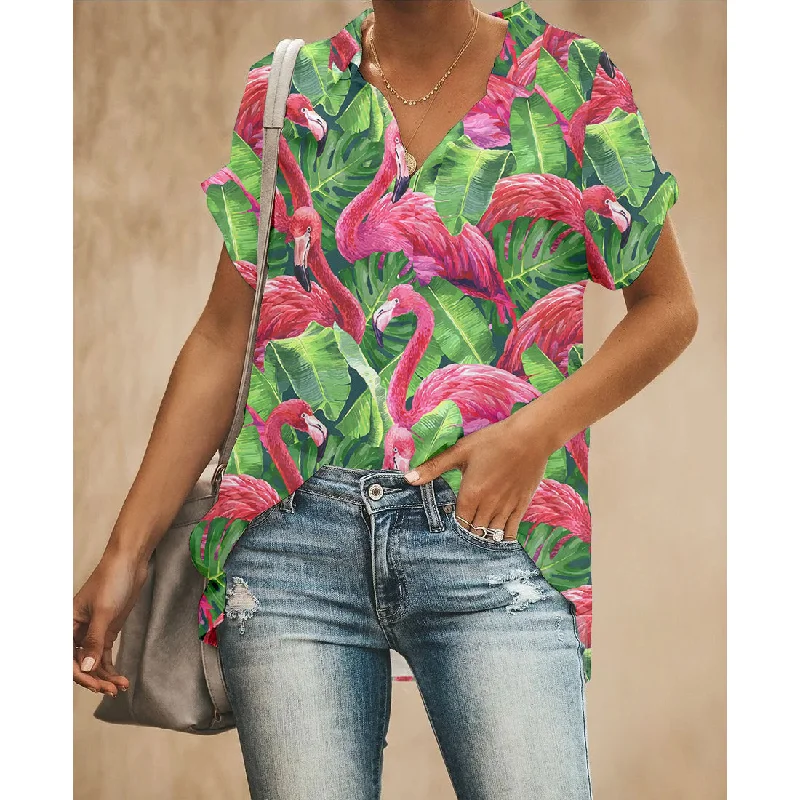 Palm Leaf Flamingo Women Button Up Shirt Relaxed Fit Short Shirt