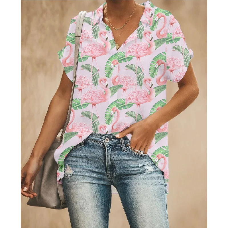 Palm Leaf Pink Flamingo Women Button Up Shirt Casual Loose Short Sleeve