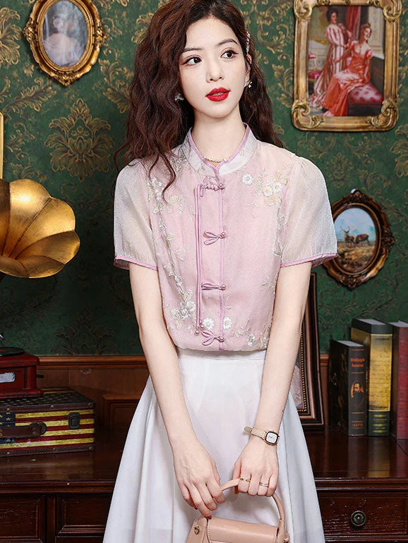 Pink Beige Embroidered Floral Cheongsam Blouse Shirt Comfortable Short Sleeve Tee