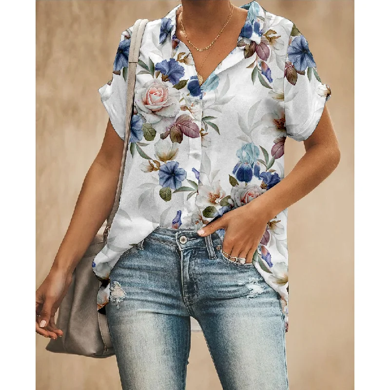 Rose Blue Flowers Women Button Up Shirt Elegant High-Low Short Shirt